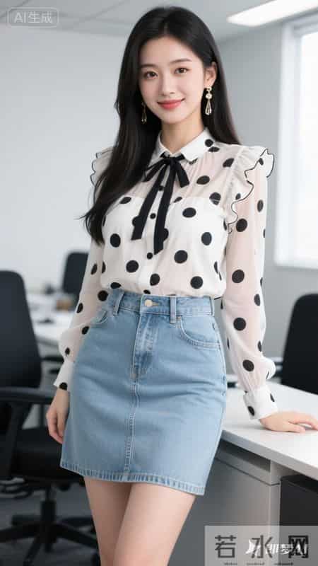 波点雪纺衬衫，搭配浅色牛仔裙，甜美又灵动