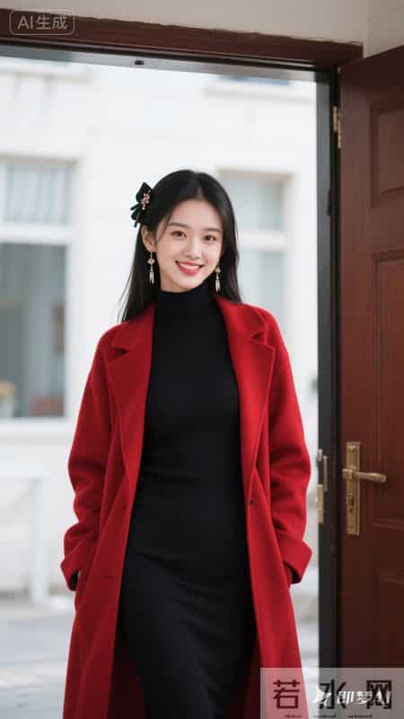 正红大衣搭黑色针织裙，明艳大气，简约又高级