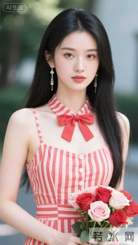 身着红白条纹吊带裙，蝴蝶结点缀胸前，手持玫瑰，尽显清甜灵动