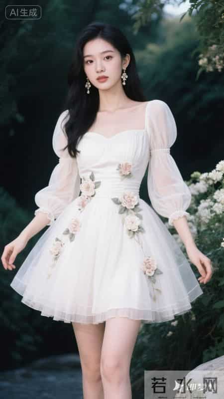 浅色纱裙缀满立体玫瑰，清甜又灵动