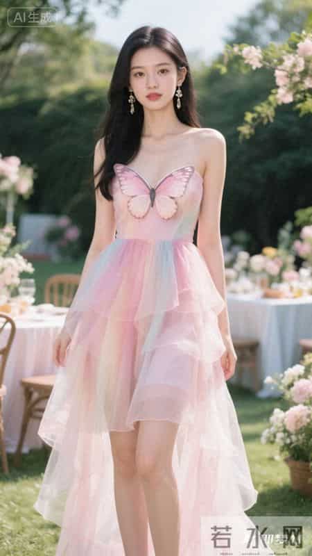 渐变粉纱裙配蝴蝶装饰,邂逅粉色浪漫