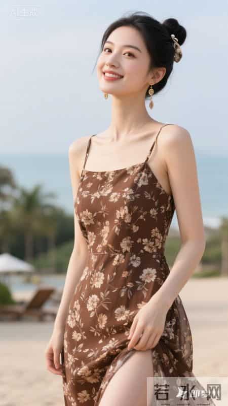 咖底白花吊带长裙，面料轻薄，穿着凉快又显气质