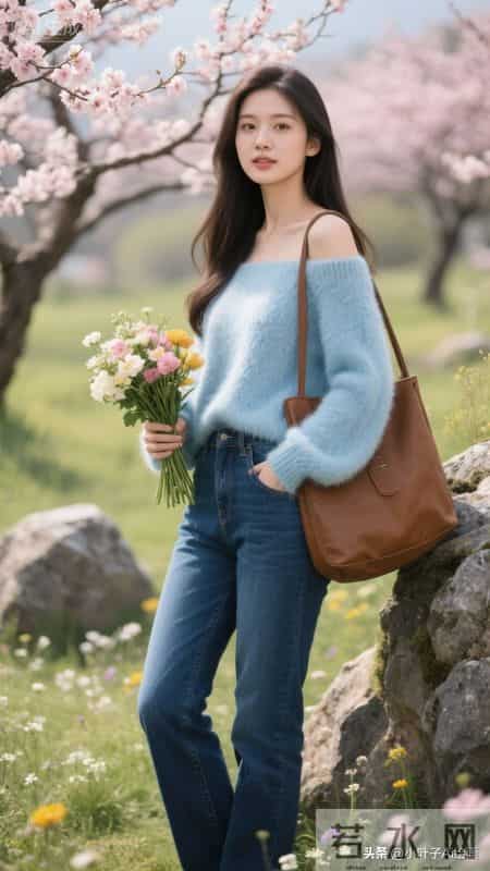 清新温柔的春日松弛风~浅蓝色一字肩毛绒毛衣自带软萌氛围感