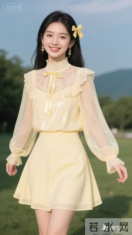 淡黄蕾丝配蝴蝶结，甜妹风拉满，温柔又显气质