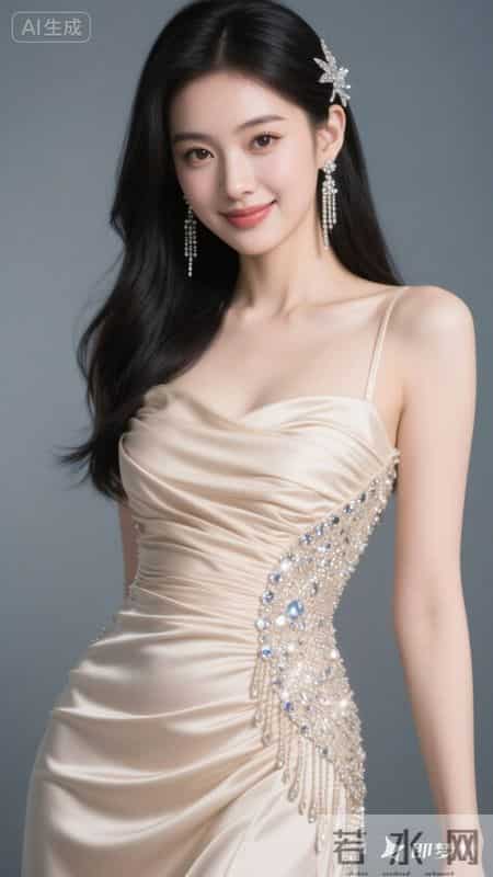 香槟色缎面吊带裙缀满钻饰流苏，开叉设计尽显优雅又不失性感魅力