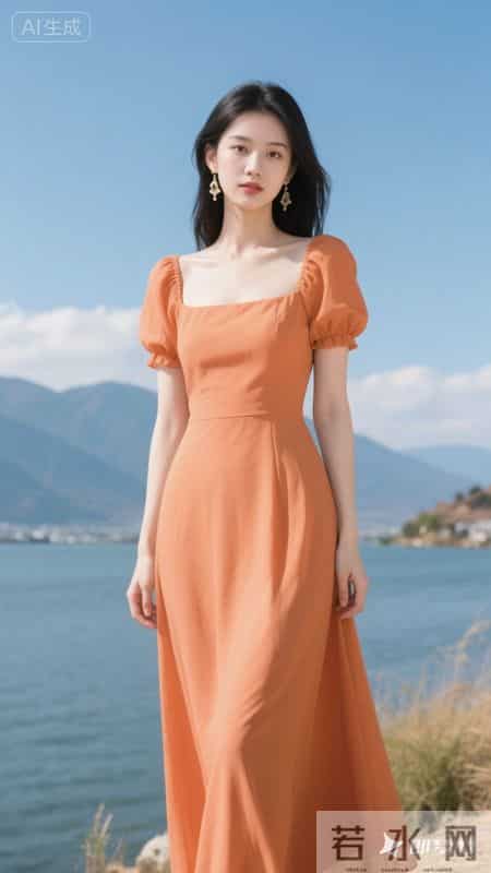 暖橘色方领泡泡袖连衣裙，清新又元气