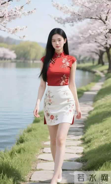 新中式风格设计衣服美女 穿梭在樱花盛开地方