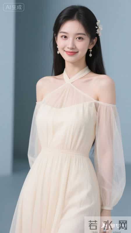 挂脖露肩设计连衣裙，薄纱材质自带通透感