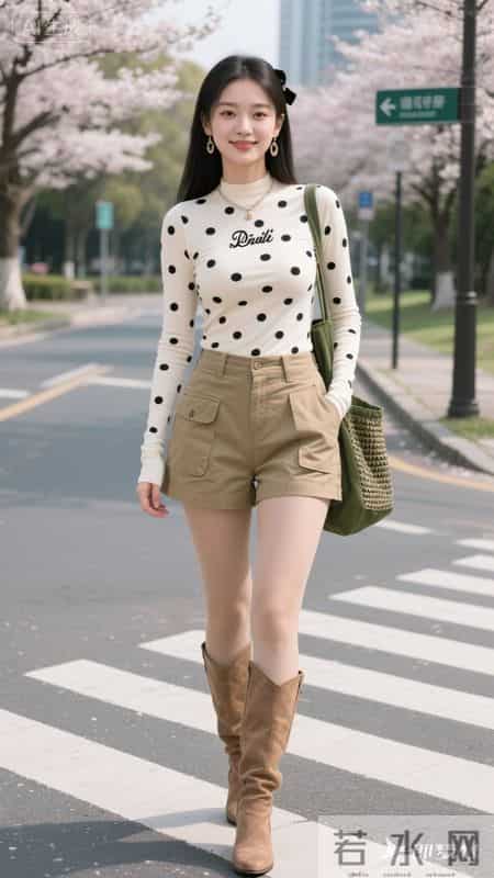 白底黑点上衣,搭配卡其色工装短裤利落显腿长,甜酷感拉满