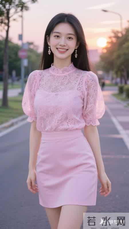 粉蕾丝泡泡袖上衣配同色包臀裙，漫步黄昏街道，甜美精致又温柔