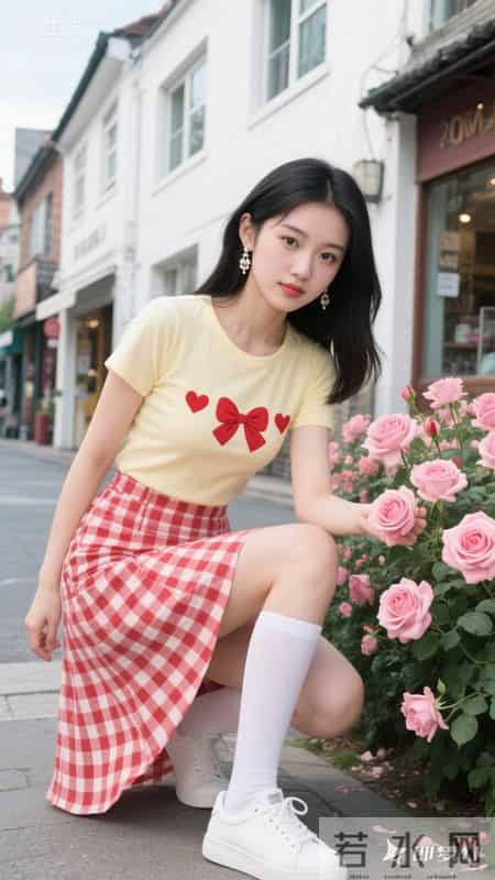 黄色短袖搭格纹短裙，青春又有活力