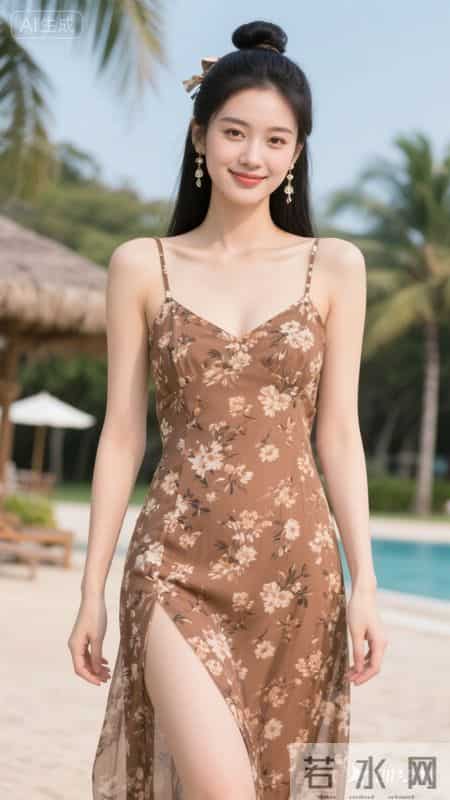 咖底白花吊带长裙，面料轻薄，穿着凉快又显气质