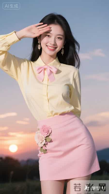 春日穿搭-奶黄衬衫+粉色短裙