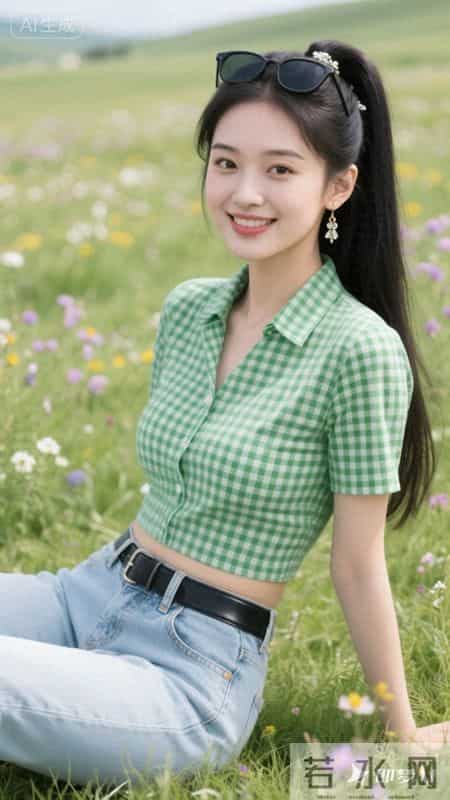 绿白格纹衬衫配高腰牛仔裤，置身开满野花的草原，清新活力又治愈