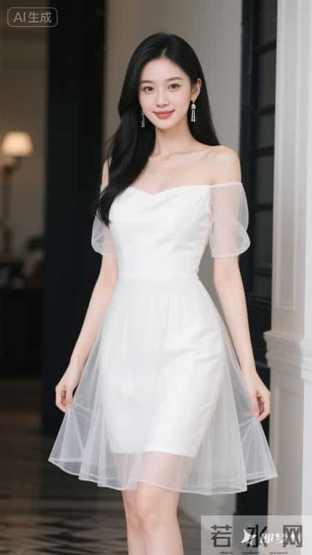 一字肩网纱连衣裙，薄袖轻透，裙摆灵动，尽显温柔优雅的气质