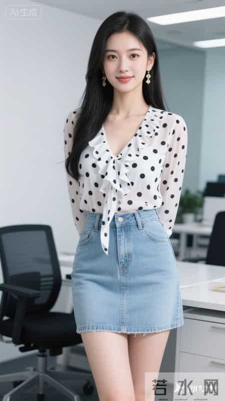 波点雪纺衬衫，搭配浅色牛仔裙，甜美又灵动