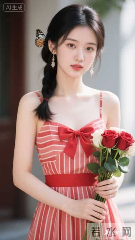 身着红白条纹吊带裙，蝴蝶结点缀胸前，手持玫瑰，尽显清甜灵动