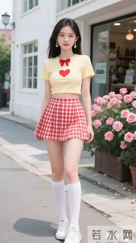 黄色短袖搭格纹短裙，青春又有活力