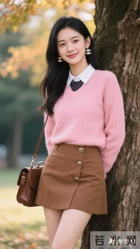 粉糯针织衫配棕色皮裙，元气又温柔的秋日穿搭