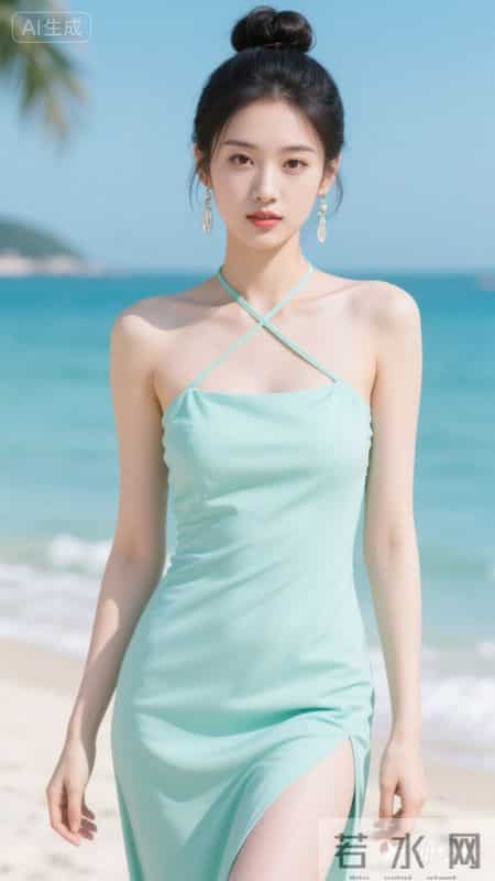 薄荷绿挂脖开叉长裙，清新又飘逸