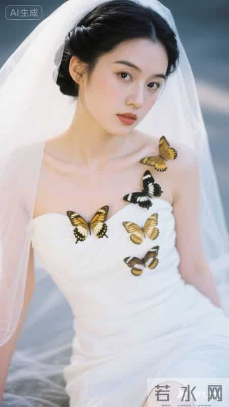 一袭抹胸白裙缀满金蝶，清冷又尽显优雅韵味