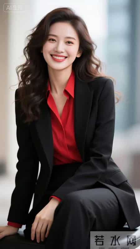 穿红衬衣黑西服套装职业女性