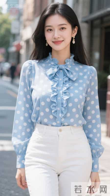 蓝色波点雪纺衬衫搭配白色裤子，清爽又清甜