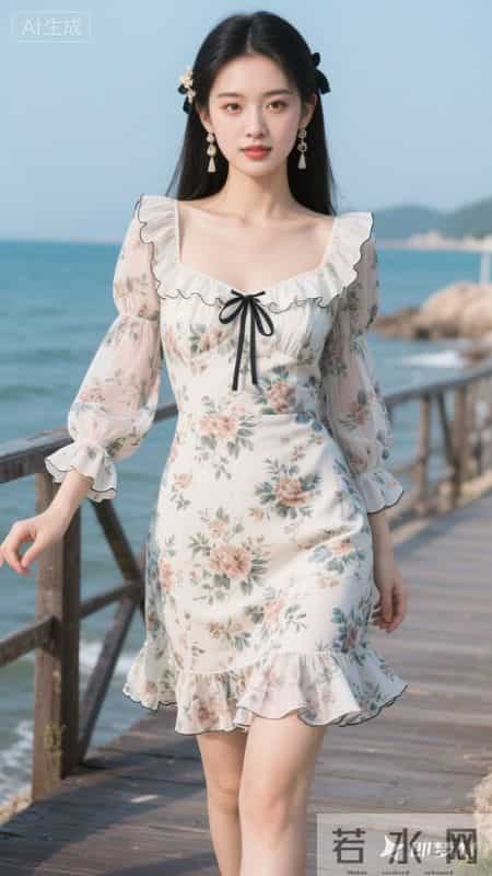 蓝白碎花方领连衣裙,泡泡袖+荷叶边设计,清新又显气质