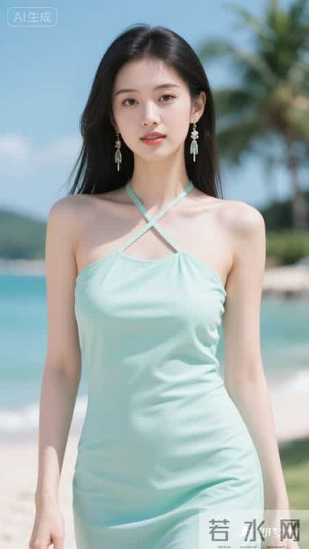 薄荷绿挂脖开叉长裙，清新又飘逸