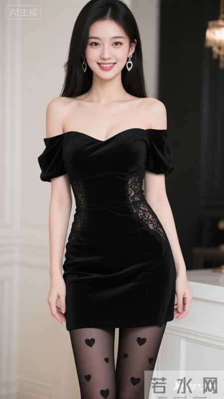 黑色丝绒抹胸礼服,甜酷御姐风,简约轻奢背景,精致俏皮