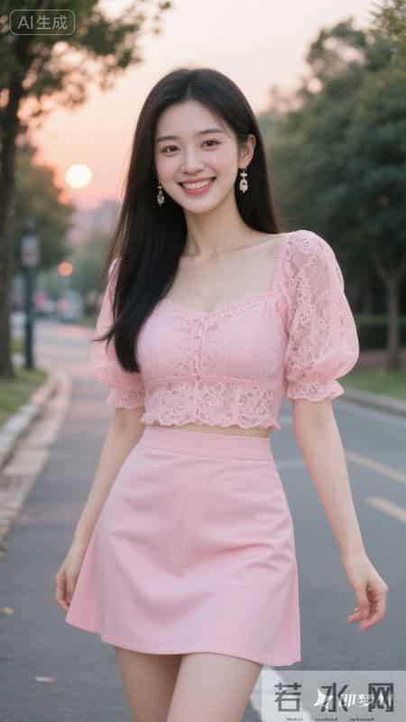 粉蕾丝泡泡袖上衣配同色包臀裙，漫步黄昏街道，甜美精致又温柔