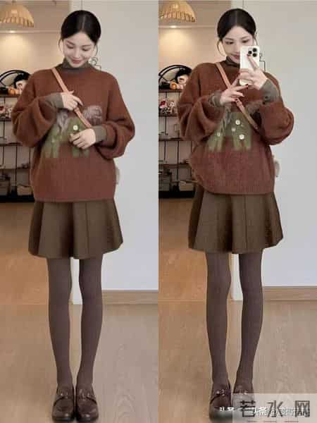 一裙多穿：休闲减龄棕色半身裙+德训鞋秋冬棕色系的百变通勤风，