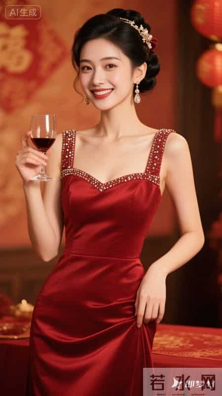 正红缎面鱼尾礼服缀满钻饰，衬得身姿窈窕，明艳大气