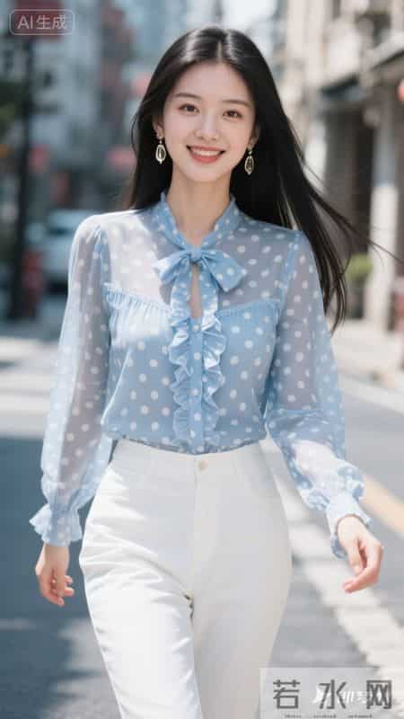 蓝色波点雪纺衬衫搭配白色裤子，清爽又清甜
