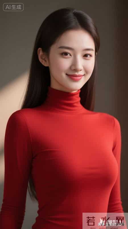 绝色佳人,中国红色高领打底上衣女人,美极了