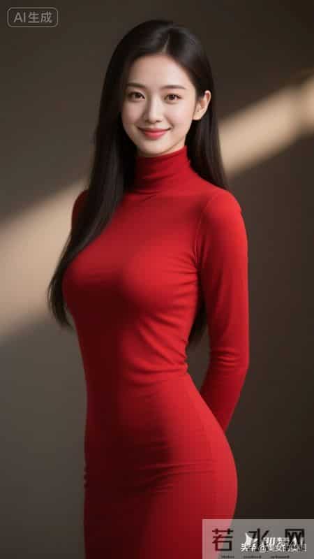 绝色佳人,中国红色高领打底上衣女人,美极了