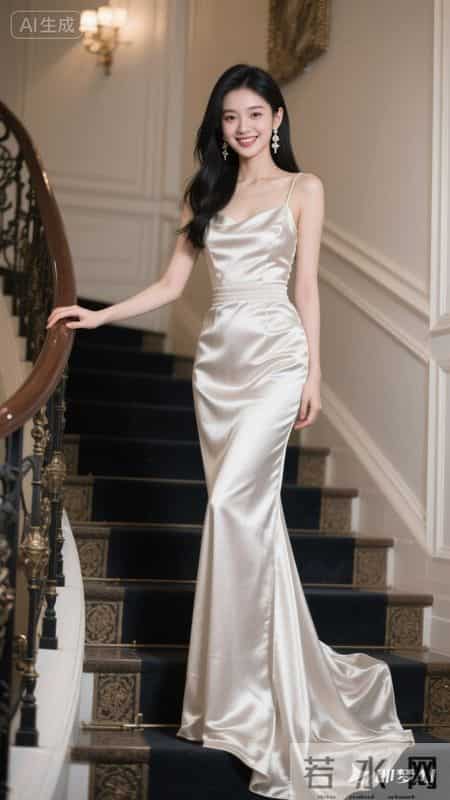 缎面鱼尾礼服拖尾蜿蜒，尽显优雅华贵气质