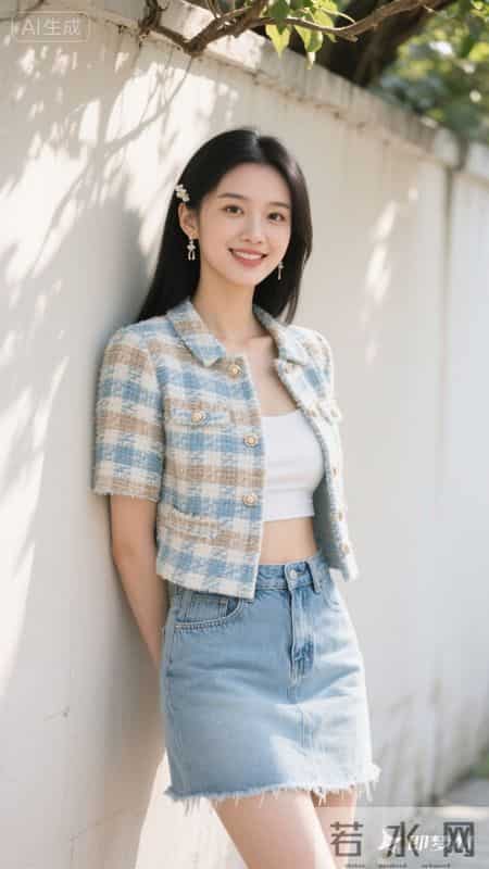 小香风外套配牛仔裙，在斑驳光影里，把优雅和随性穿在身上