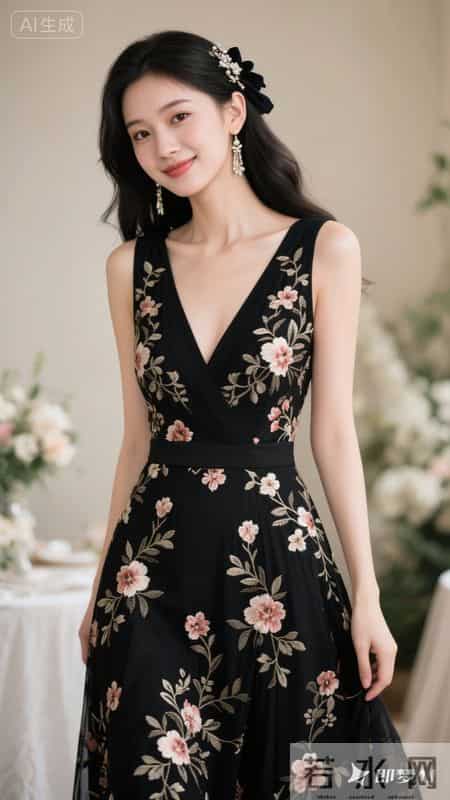 繁花缀满黑裙,温柔又明艳,在花墙前,氛围感直接拉满
