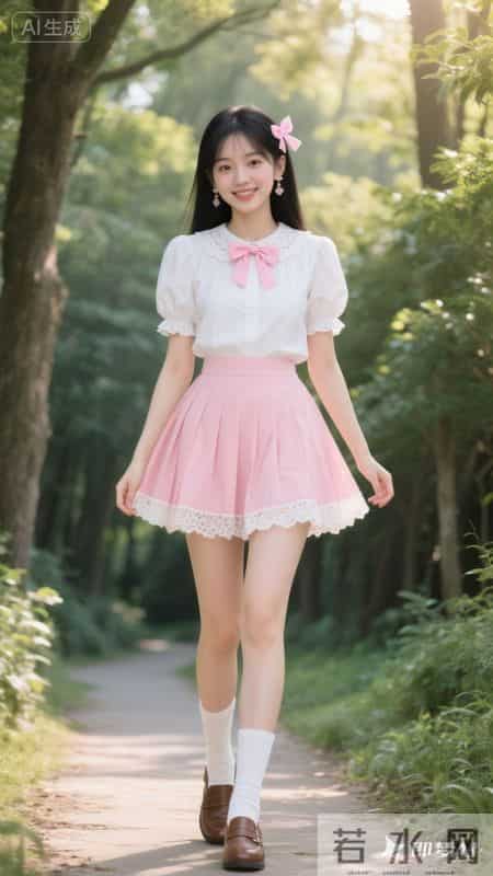 娃娃领衬衫+粉百褶裙,林间漫步,把可爱穿在身上