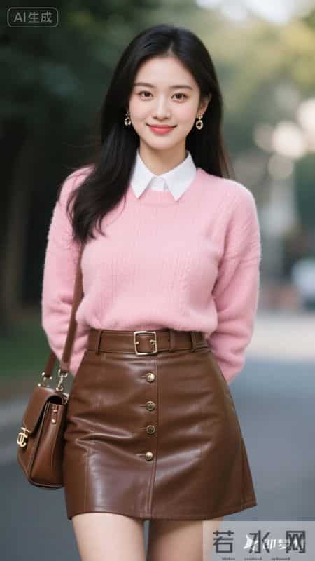 粉糯针织衫配棕色皮裙，元气又温柔的秋日穿搭