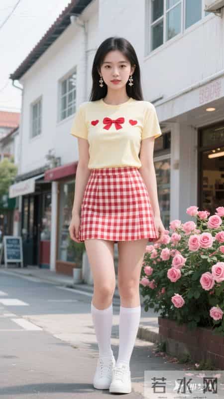 黄色短袖搭格纹短裙，青春又有活力