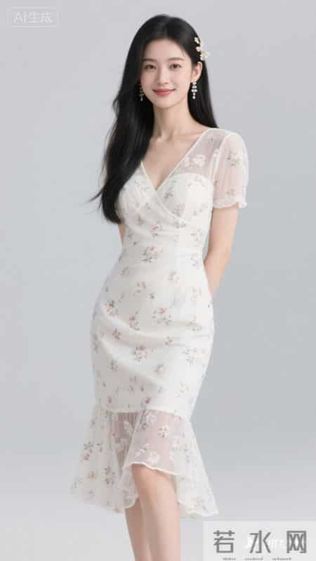 V领碎花连衣裙，鱼尾裙摆，清新又显身材