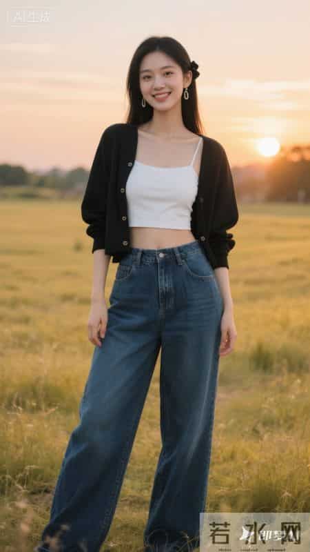 落日为背景，黑白简约搭牛仔，是属于傍晚的松弛浪漫