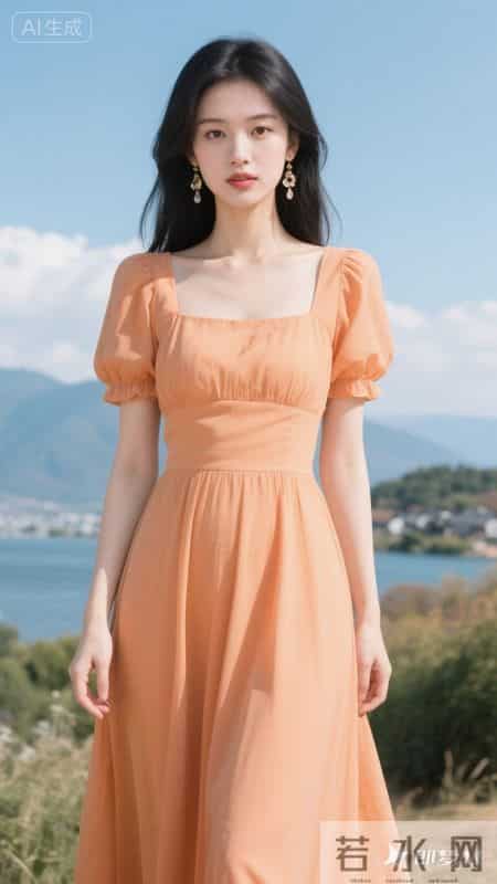 暖橘色方领泡泡袖连衣裙，清新又元气