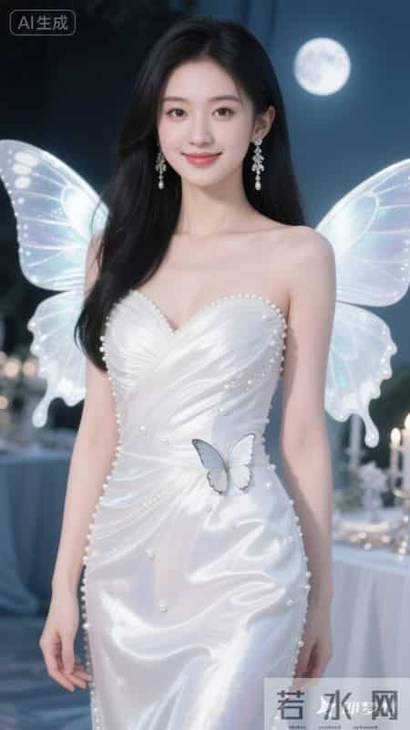 幻彩白缎面吊带裙，蝴蝶装饰，优雅灵动