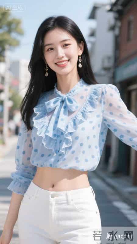 蓝色波点雪纺衬衫搭配白色裤子，清爽又清甜