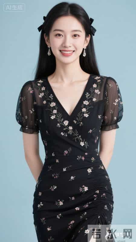 V领碎花连衣裙，鱼尾裙摆，清新又显身材