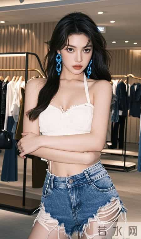 蕾丝吊带搭牛仔短裤，蓝钻耳饰点缀，甜酷辣妹直接美出圈