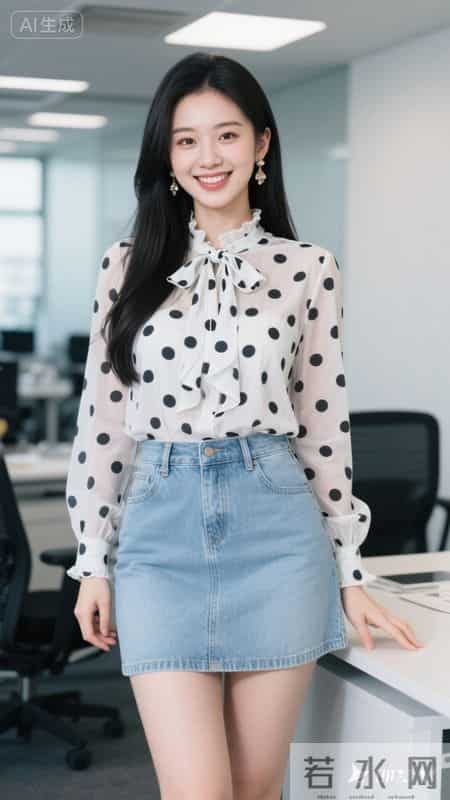 波点雪纺衬衫，搭配浅色牛仔裙，甜美又灵动